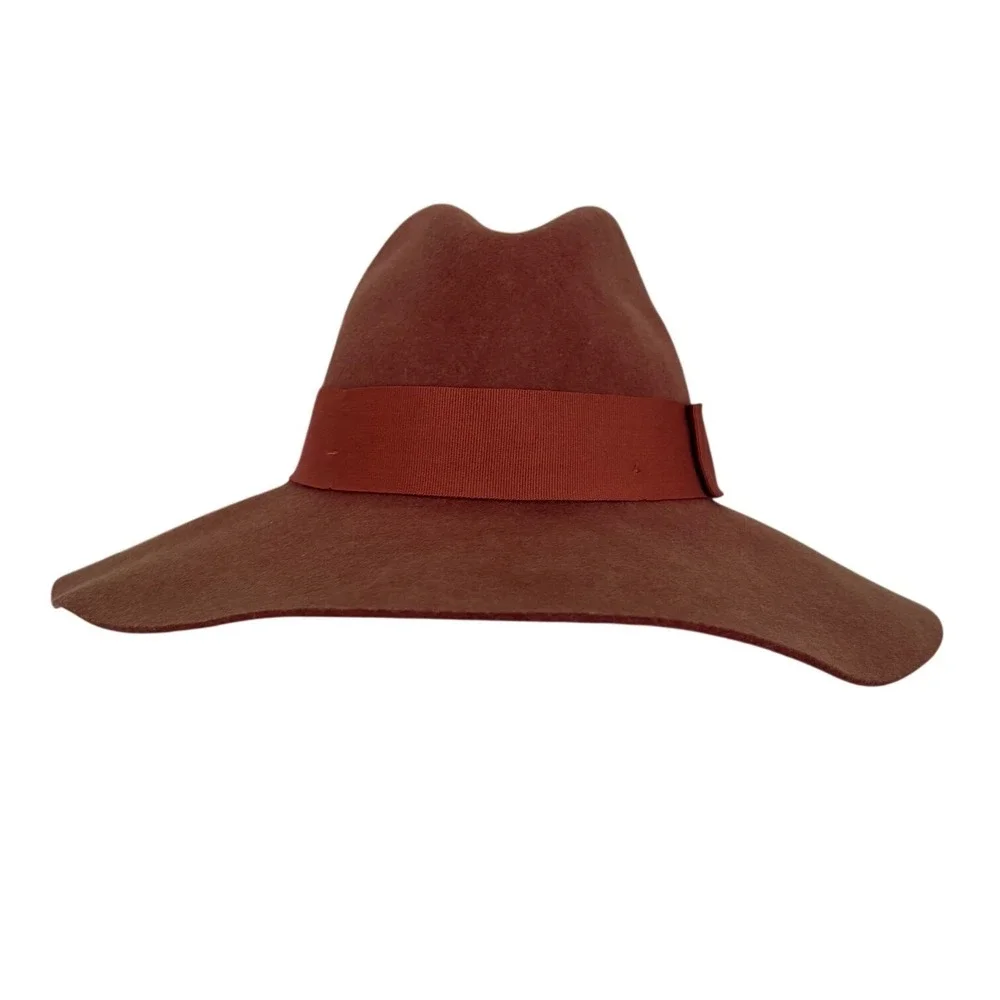 Brixton Wide Brim Wool Felt Fedora Hat Rust Burnt Orange Boho Size Small 56cm
